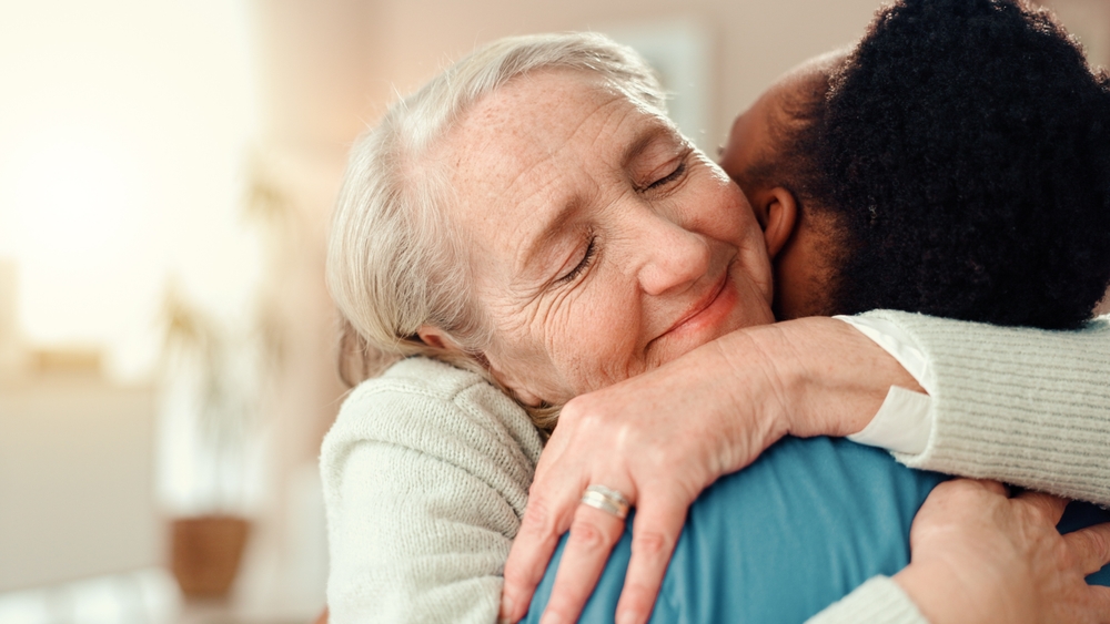 Senior,,Happy,Woman,Or,Hug,With,Nurse,For,Healthcare,,Gratitude